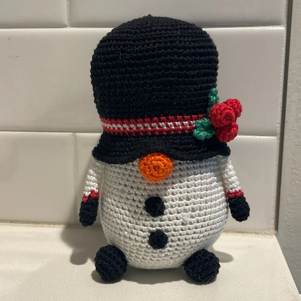 Handcrafted Snowman Gnome with Holly Winter Holiday Seasonal Christmas Crochet - Picture 5 of 12